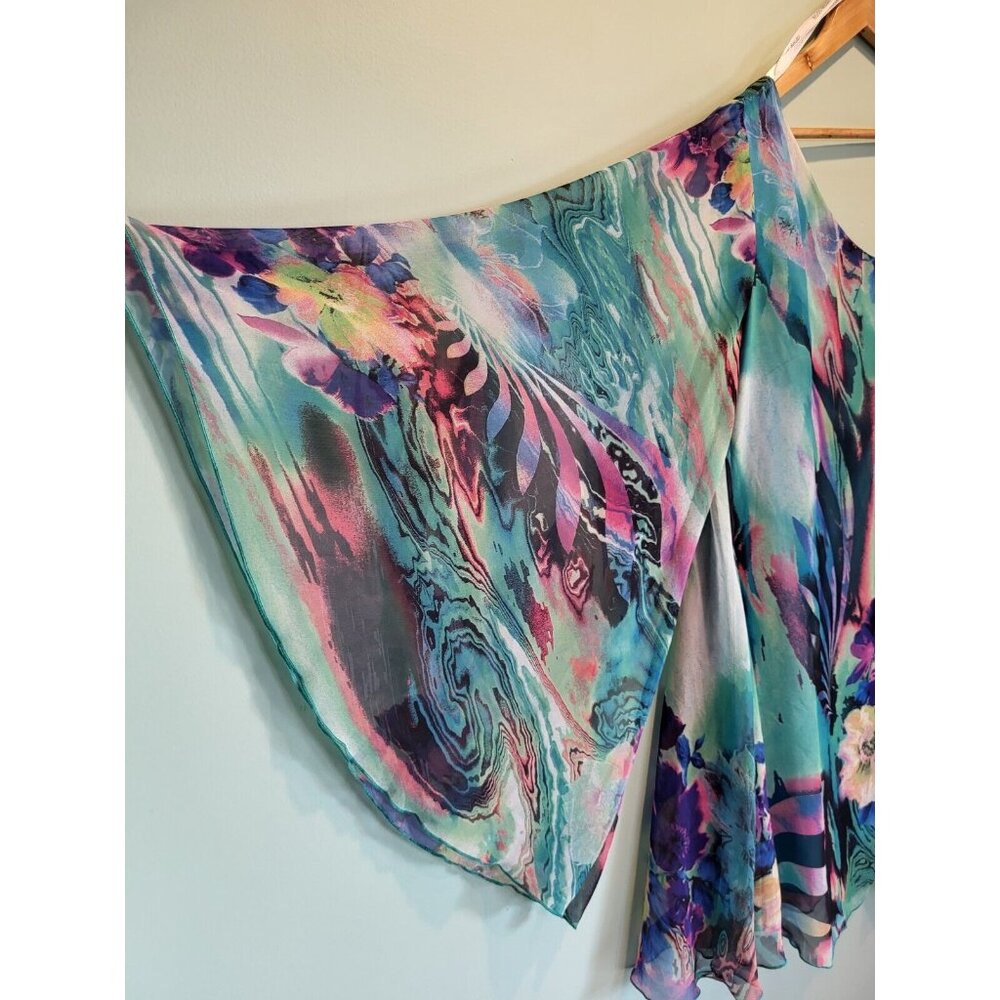 Fairycore Blue Green Chiffon Abstract Floral One Flared Sleeve Flowy Dress Sz 4 - Picture 3 of 8